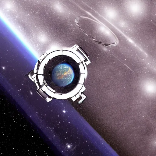 Prompt: photo of a space station in the shape of a ring with a portal in the center