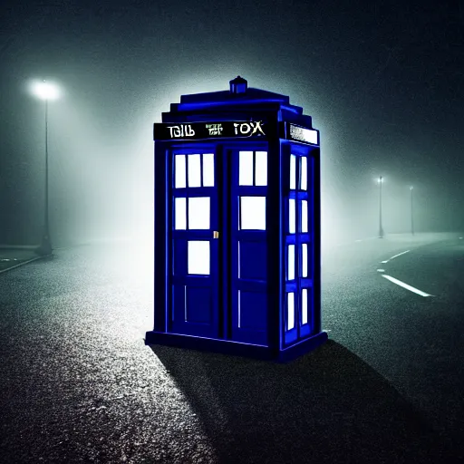 Image similar to a hyperdetailed photograph of the tardis sat on a futuristic street corner, night, dense fog, rain, hd, 8 k resolution