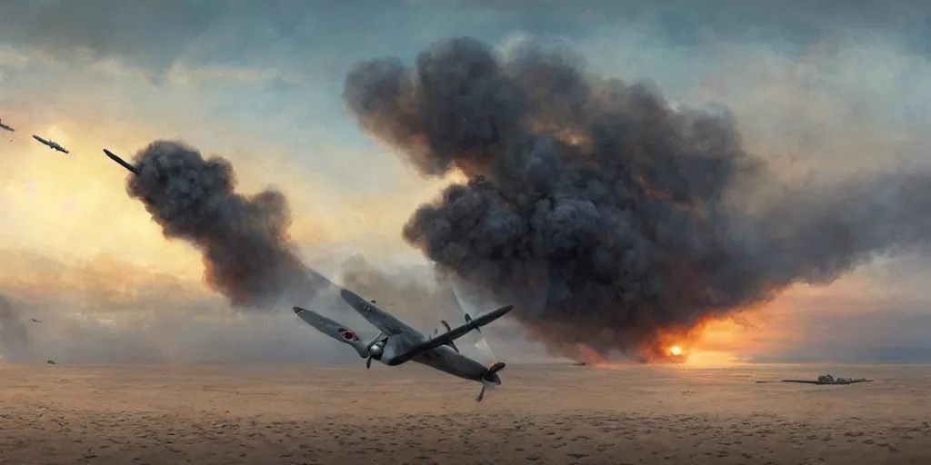 Prompt: normandy!!!!!, 1 9 4 5, airplanes bombing the beach, sunset, sadness, ( ( painting ) ) by jessica rossier and ivan shishkin, ultra realistic!!!, d - day, smoke, highly detailed, the landings, soldiers charging in, chaos!!!, fire, cinematic, wide shot, destroyed tanks, ray tracing