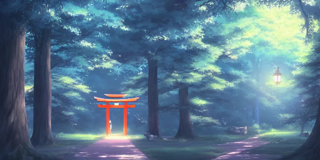 Prompt: beautiful anime painting of a magical forest, torii, shrine, nighttime, by makoto shinkai, koto no ha no niwa, artstation, atmospheric.