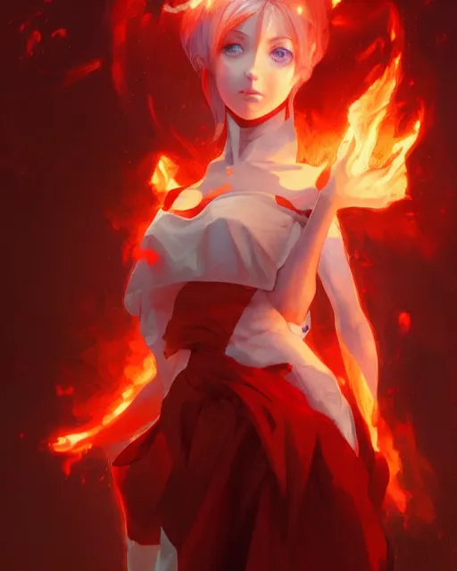 Prompt: red eyed anime girl, flames everywhere, highly detailed, digital painting, artstation, concept art, smooth, sharp focus, illustration, art by artgerm and greg rutkowski and alphonse mucha