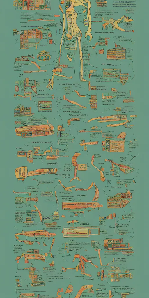 Image similar to anatomy of a futurama, diagrams, map, marginalia, sketchbook, old script, inhabited initials, pastel infographic by Wes Anderson and victo ngai