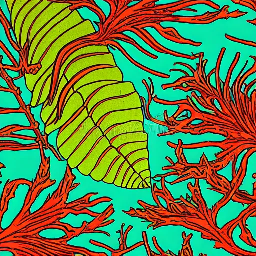 Image similar to vintage colored detailed illustration of random seaweed, neon colors