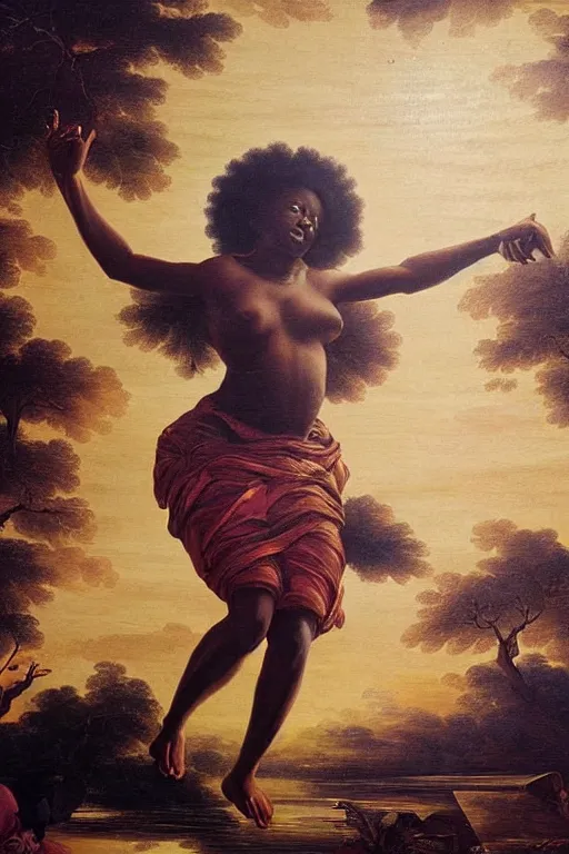 Prompt: baroque painting of african mother nature floating through the sky, inspired by gustav moreau and wayne barlow, exquisite detail, hyper realism, ornate, exquisite detail