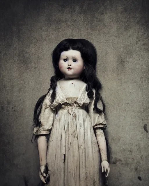 Prompt: closeup portrait of a creepy antique porcelain doll wearing a dirty dress with long wet black hair standing in a dimly lit filthy room in an abandoned old asylum at night, 8k octane render, cinematic, dramatic lighting, volumetric lighting, vintage photo, (1890)