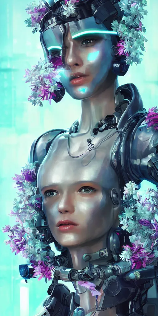 Image similar to Cyber punk 2077 robot girl, very beautiful portrait, Detroit game style, woman wrapped in flowers lily, photorealism