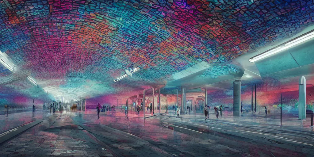 Prompt: an insanely intricate photo of a modern metro station full of insane detailed colorfull smoke fluid, clean architecture, pastel colored, intricate detailed 3 d render, hyper realistic intricate acrilic fluid art, intense colors, wide shot, octane render, concept art, daylight, peaceful, 8 k