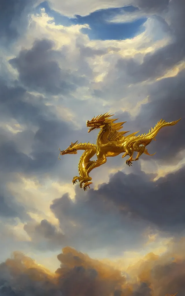 Prompt: pablo carpio's painting of a golden dragon in clouds, coloured