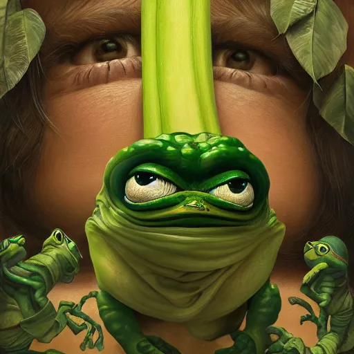 Image similar to Portrait of Little Pepe the frog playing with a big human face banana, intricate, wild, highly detailed, digital painting, artstation, concept art, smooth, sharp focus, illustration, art by artgerm and greg rutkowski and alphonse mucha