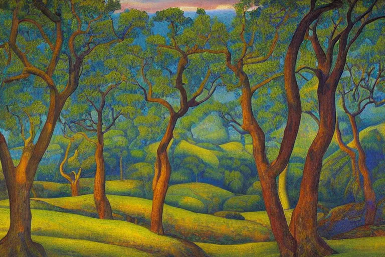 Image similar to masterpiece painting of oak trees on a hillside overlooking a creek, dramatic lighting, by diego rivera