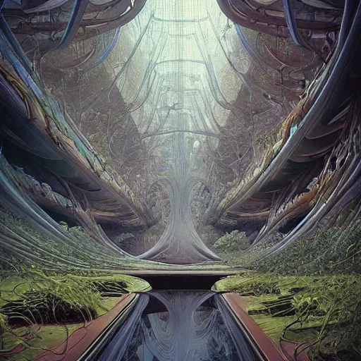 Prompt: epic alien jungle by zdzisław beksinski, greg rutkowski inside a giant futuristic mall by zaha hadid, inspired by the movie matrix