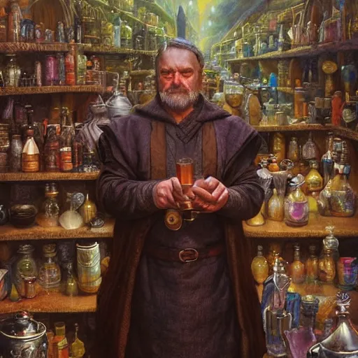 Image similar to The potion seller offers you his strongest of potions, D&D fantasy, portrait art by Donato Giancola and James Gurney, digital art, trending on artstation