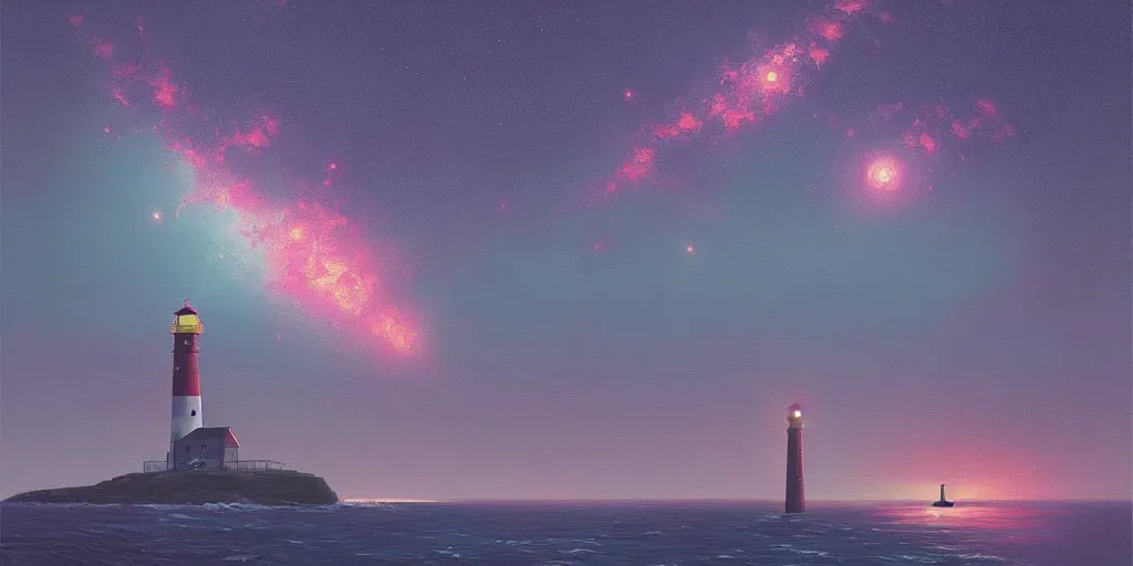 Image similar to milky way over the ocean by a lighthouse by simon stalenhag, dusk, art station trending