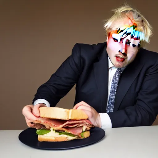 Prompt: Boris Johnson eating a bacon sandwich awkwardly