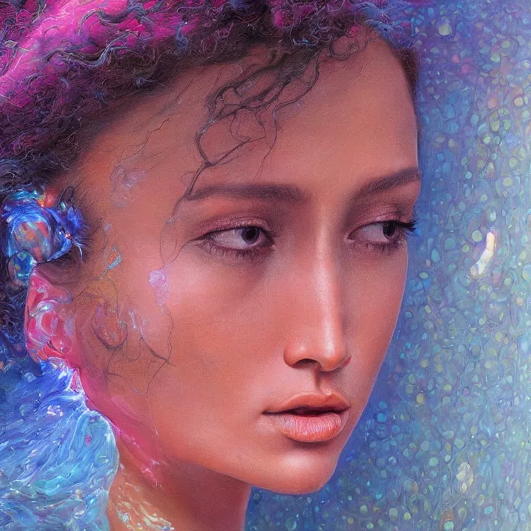 Image similar to Hyperrealistic intensely colored close up studio Photograph portrait of a deep sea bioluminescent Jennifer Lopez, beautiful face realistic proportions, sitting in a lawn chair in her back yard, award-winning portrait oil painting by Norman Rockwell and Zdzisław Beksiński vivid colors high contrast hyperrealism 8k