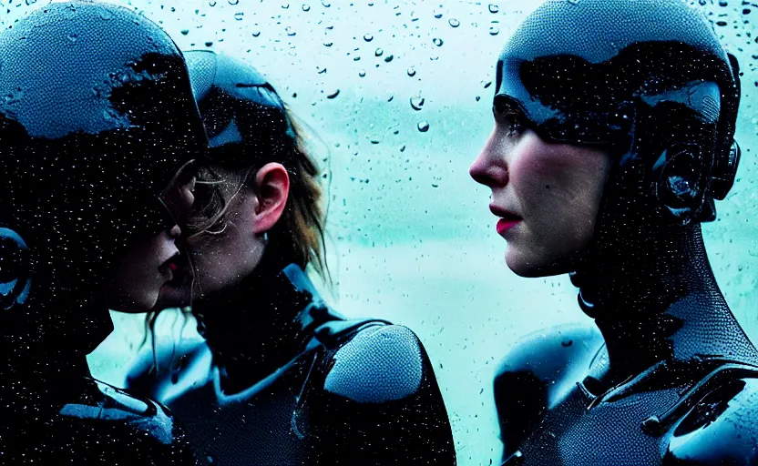 Image similar to cinestill 5 0 d candid photographic portrait by christopher nolan of two loving female androids sobbing wearing rugged black mesh techwear in treacherous waters, medium closeup, modern cyberpunk moody emotional cinematic, pouring iridescent rain bright spotlight, 8 k, hd, high resolution, 3 5 mm, f / 3 2, ultra realistic faces, ex machina