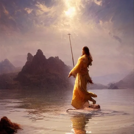 Image similar to a holy saint walking on top of water. photorealism. pseudo realistic. detailed. 4 k masterpiece. cgsociety. by tianhua xu. by gaston bussiere.