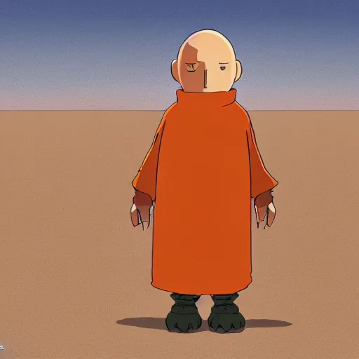 Image similar to a study of cell shaded cartoon of an orange robot monk from howl's moving castle ( 2 0 0 4 ) on a desert road, full body, wide shot, very muted colors, post grunge, studio ghibli, laurie greasley, highly detailed, deviantart, art by artgem