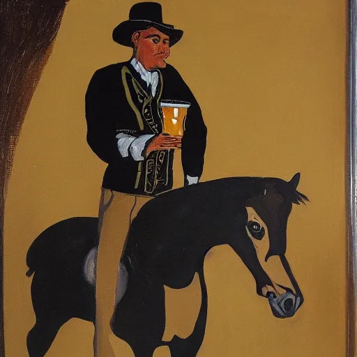 Prompt: painting of a man drinking a guinness on a horse