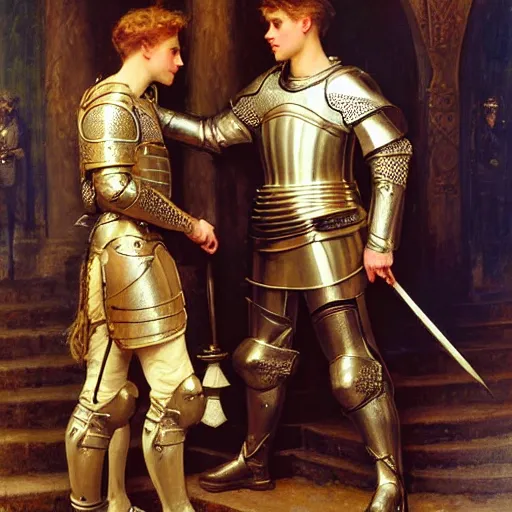 Image similar to attractive fully clothed arthur pendragon confesses his love for his attractive fully clothed male knight. highly detailed painting by gaston bussiere and j. c. leyendecker 8 k