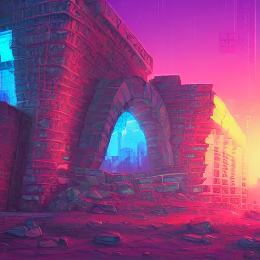 Prompt: neon ancient ruins, digital art, retrowave art, trending on art station