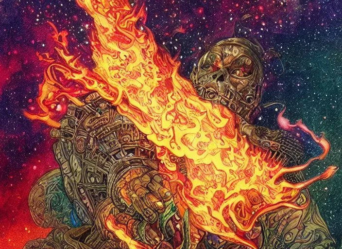 Image similar to high intricate colored ink drawing of the sandman holding a glimmering fire - galaxy, full shot, neil gaiman, maria panfilova, andrea savchenko, mike kime, ludovic plouffe, qi sheng luo, oliver cook, julian calle, eddie mendoza, trending on artstation