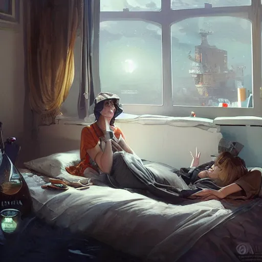 Image similar to young man in tinfoil hat and a girl sleeping in bed close to guinness bottles highly detailed, digital painting, artstation, concept art, smooth, sharp focus, illustration, art by artgerm and greg rutkowski and alphonse mucha