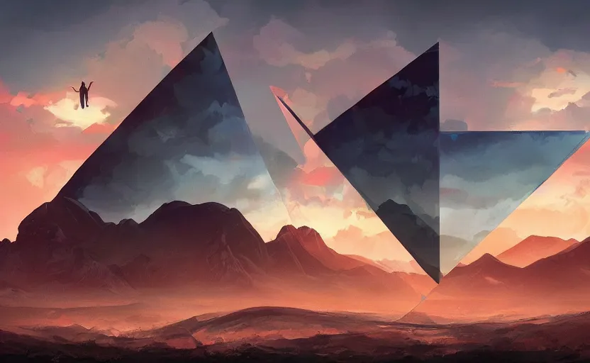 Prompt: A big triangle with an eye on it floating in the sky above the mountains, red sky, sunset, eerie, scary, digital art made by Stanley Artgerm Lau, WLOP, Rossdraws, James Jean, Andrei Riabovitchev, Marc Simonetti, Yoshitaka Amano, ArtStation, CGSociety