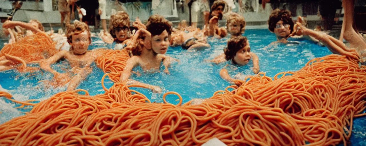 Image similar to 1 9 8 0's kids playing in a pool of spaghetti, detailed, canon 2 0 mm, wes anderson, kodachrome