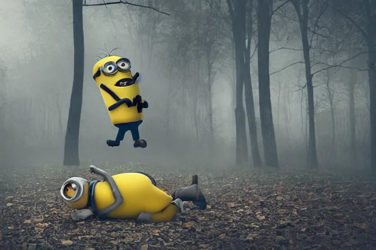 Image similar to a guy grabbing a dead body of a minion, fog, mid night, scary, horror, real life