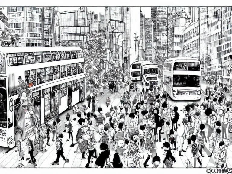 Prompt: Cat used as a bus in a busy city center, people on the bus, crowded, in the style of Manga, Eichiro Oda, hyper detailed