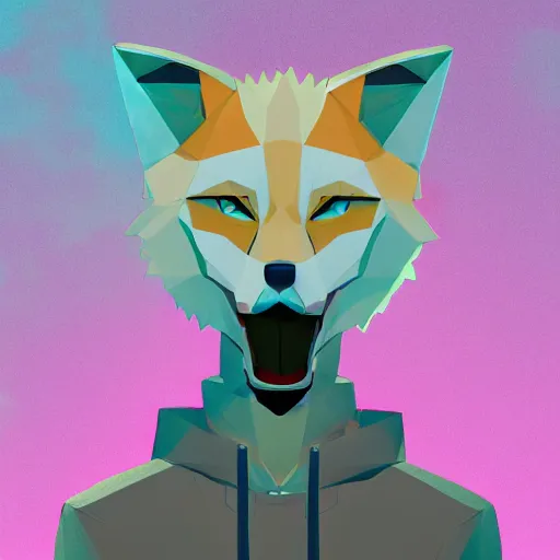 Image similar to aesthetic albino fox fursona portrait, commission of a anthropomorphic lion on fire, fursona wearing stylish clothes, winter armosphere, pastel simple art, low poly