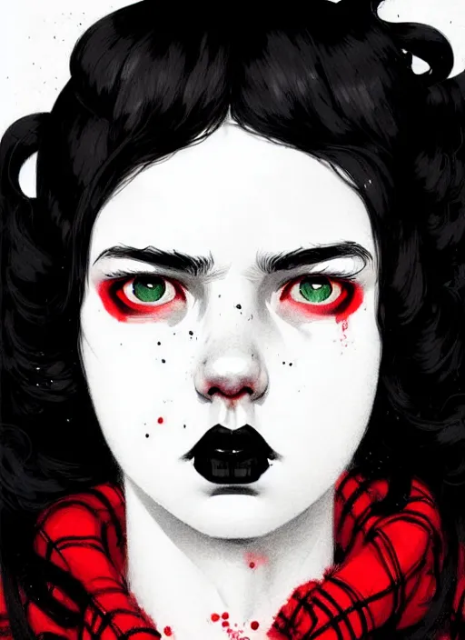 Image similar to highly detailed portrait of a goth teenager, tartan hoody, ringlet hair by atey ghailan, by greg rutkowski, by greg tocchini, by james gilleard, by joe fenton, by kaethe butcher, gradient red, black, cream and white color scheme, trending in pinterest, award winning details