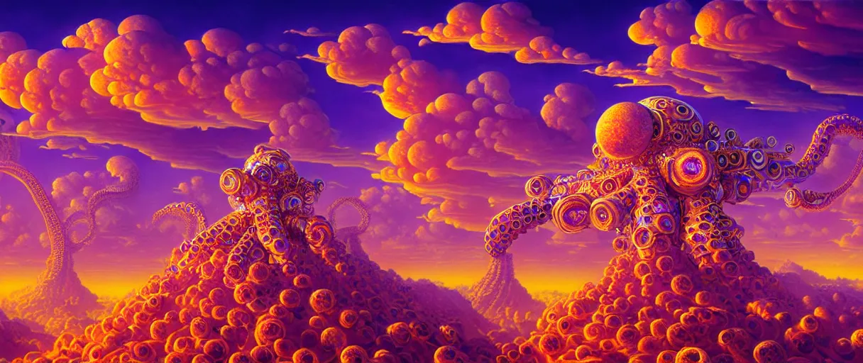 Image similar to hyper-ornate sky city built on giant orange and purple cyborg octopus puffy clouds matte painting concept art alex grey salvador dali cinematic soft orange lighting high angle hd 8k sharp shallow depth of field