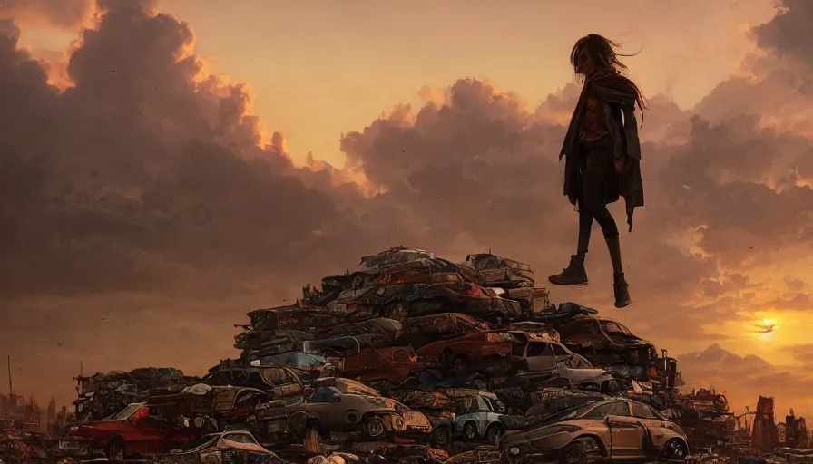 Image similar to kid standing on pile of cars on garbage dump, wasteland city, sunset sky, nostalgia feeling, greg rutkowski, alphonse mucha, trending on artstation, 4 k highly detailed art, digial art, karl schulschenk, dmitriy eremenkov