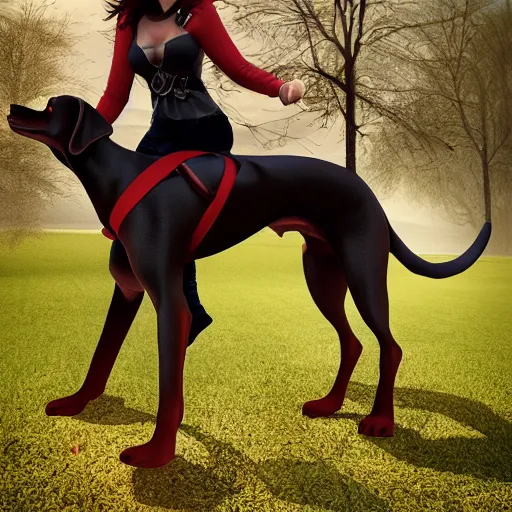 Image similar to girl riding a giant doberman dog in the park, trending on artstation