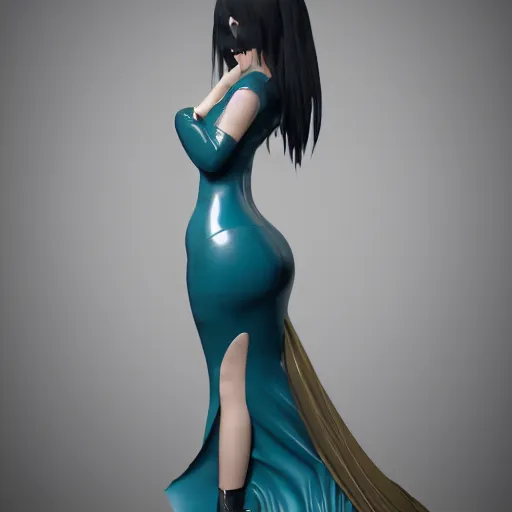 Image similar to an elegant curvy feminine pale goth cutie wearing an elaborate tight latex-nylon-leather white-cyan-gold tube gown, thin waist, cgsociety, photorealistic, sublime comforting ambience, 16k, smooth, sharp focus, trending on ArtStation, volumetric lighting, worksafe