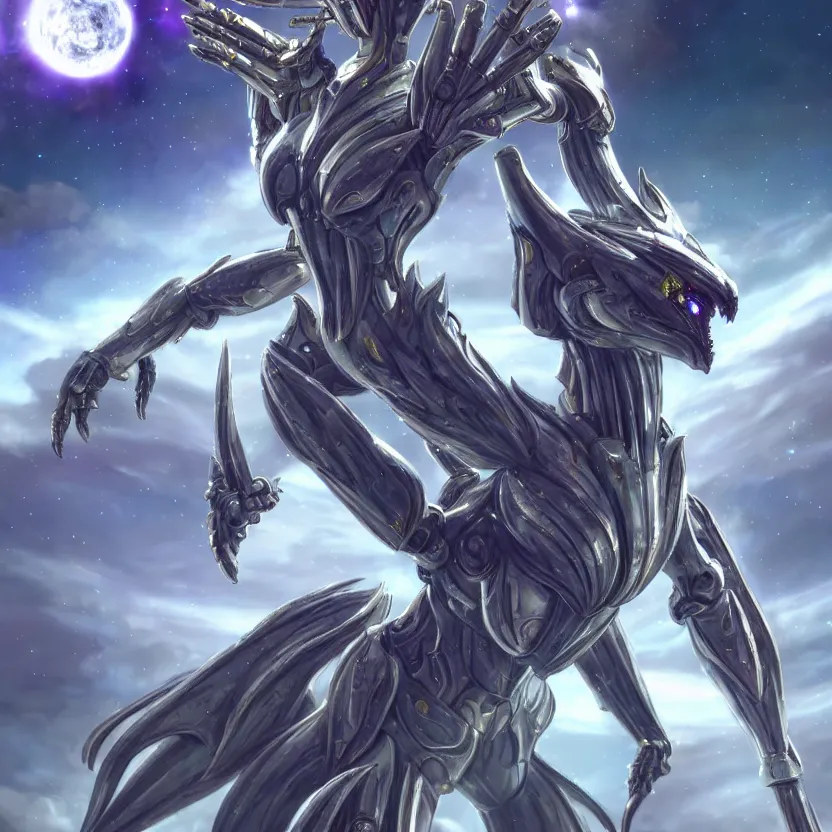 Image similar to goddess shot, galactic sized stunning beautiful anthropomorphic robot mecha female dragon, in space, larger than planets, holding the earth, the earth a mere marble in her claws, detailed silver armor, epic proportions, epic scale, detailed digital art, furry, macro art, dragon art, giantess, warframe fanart, furaffinity, deviantart, realistic