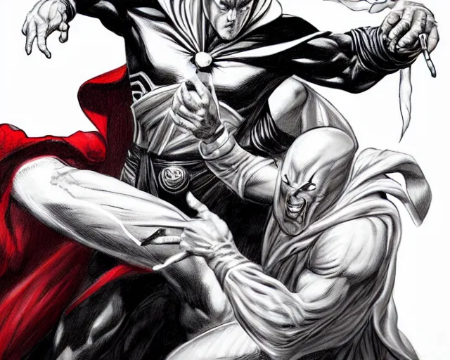 Image similar to fine realistic concept art of moon knight vs dr. strange, in the style of boris vallejo, digital art, photorealistic