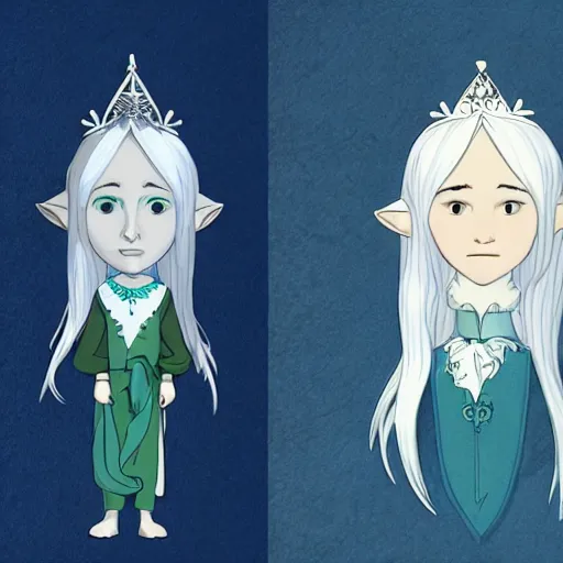 Prompt: the archfey called'the prince of frost ', white hair, blue skin, middle - age, elf, crown, in the style of studio ghibli, trending on cgsociety