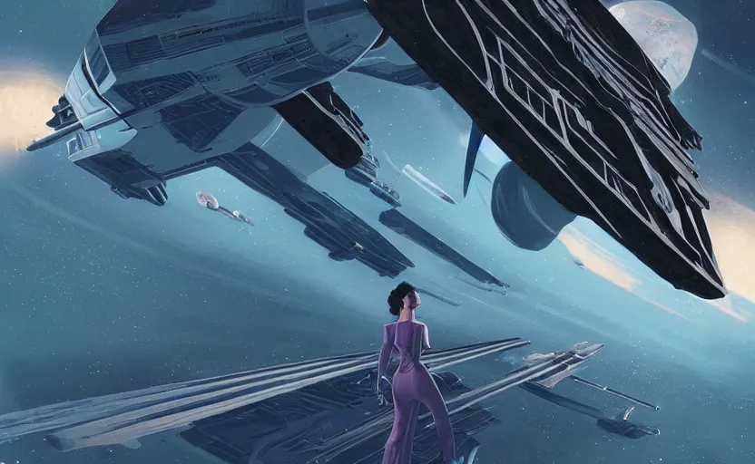 Image similar to Eva Green as a stunning , beautiful retro SCI-FI space heroine 1985 , star ship taking off in the background on the left side , movie poster, intricate, elegant, highly detailed, centered, digital painting, trending on artstation, concept art, smooth, sharp focus, illustration, art by raphael lacoste ,eddie mendoza ,alex ross, WLOP