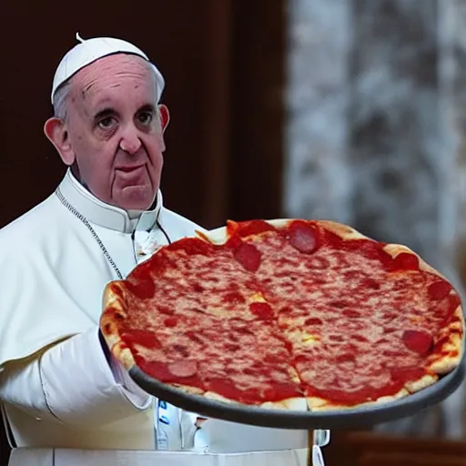 Prompt: the pope pouring hot wax on his bare chest as he eats pepperoni pizza while laying down on bed