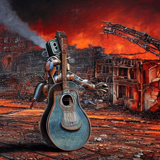 Prompt: robot with a guitar standing in ruined burning street by Yoshitaka Amano, by HR Giger, biomechanical, 4k, hyper detailed, hyperrealism, anime, a Blood Moon rising on a Broken World, deviantart, artstation