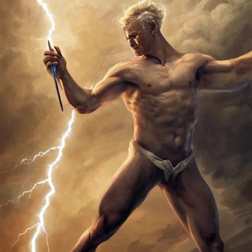 Image similar to benjamin netanyahu as a greek god of lightning, shooting lightning bolts from hands, highly detailed, ultra clear, by artgerm and greg rutkowski