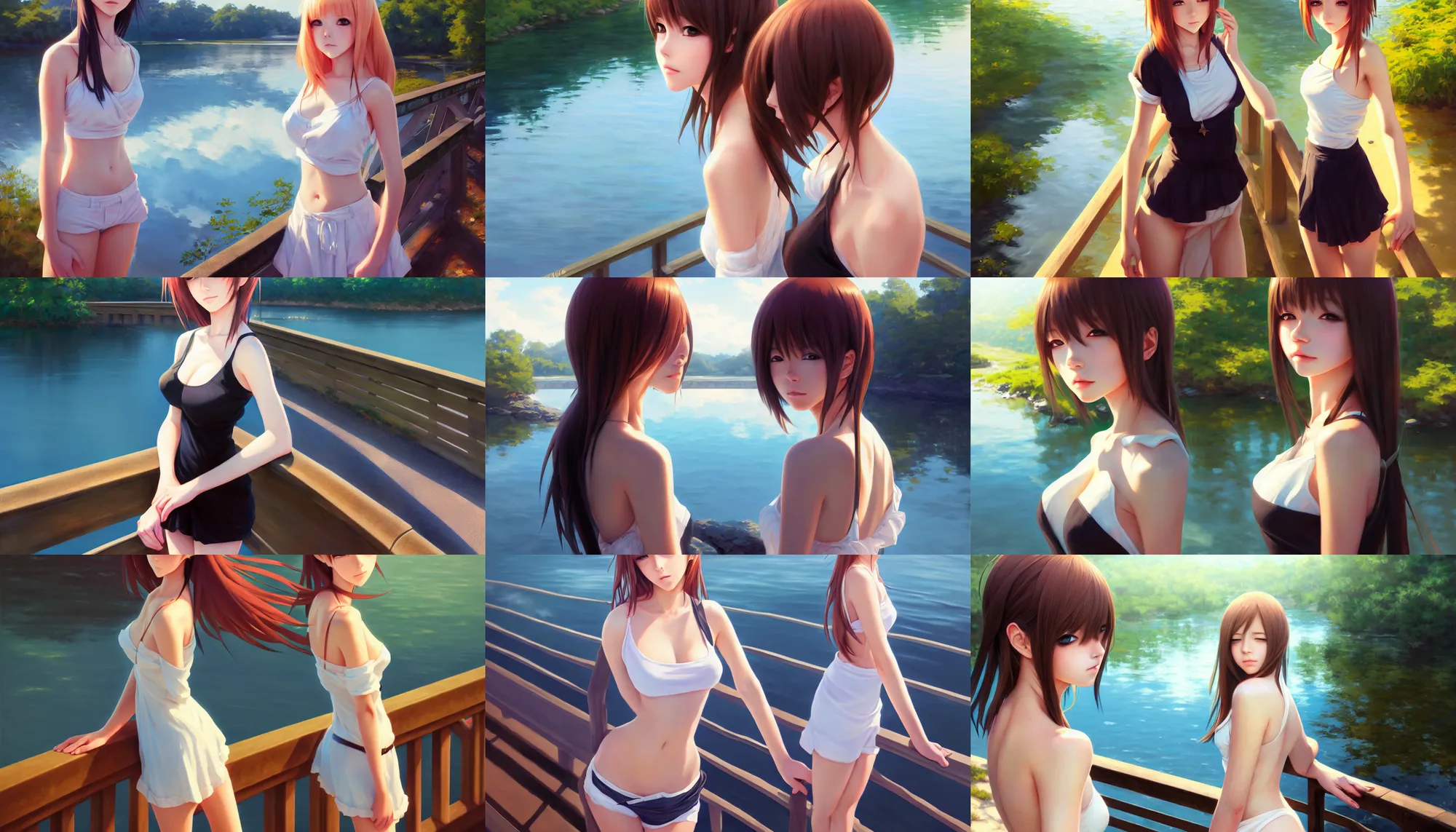 Prompt: portrait anime girl is standing on a bridge over a body of water, pretty face, realistic shaded perfect face, fine details. anime. realistic shaded lighting by ilya kuvshinov giuseppe dangelico pino and michael garmash and rob rey