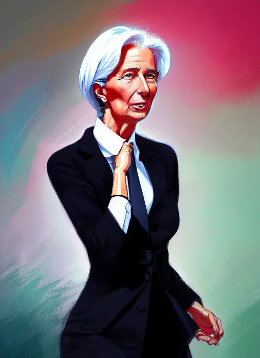 Prompt: a ultradetailed beautiful panting of christine lagarde wearing a stylish shirt with a tie, she has black hair, dancing, background explosion, by jesper ejsing, ilya kuvshinov, greg rutkowski on artstation