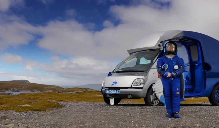 Prompt: astronaut tourist wearing blue space suit, standing in the Isle of Harris, Scotland, a futuristic metallic campervan in the background, wide angle lens, photorealistic