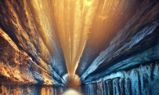 Image similar to beautiful photograph of a vertical tunnel made of raindrops in the blue sky, between a dried up river and the sun, highly-detailed, fantastic, dramatic lighting, artstation, 4k