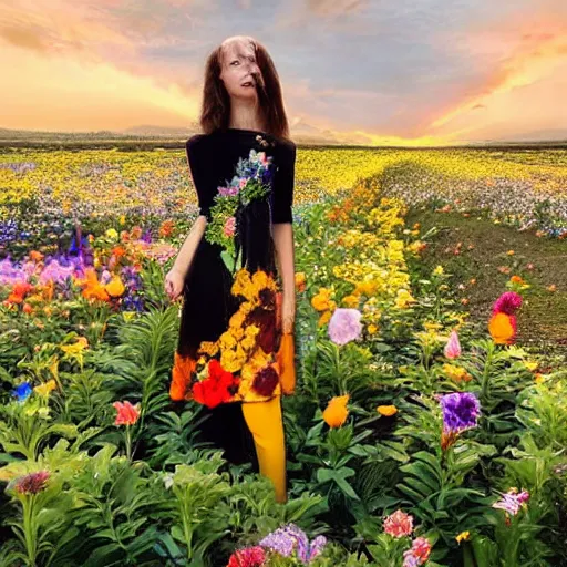 Prompt: A world of various flowers and plants, in which there is a figure of a human, dressed in something magical and impressive, inside this clothes infinity is all in sunset light, Atmospheric Phenomenon