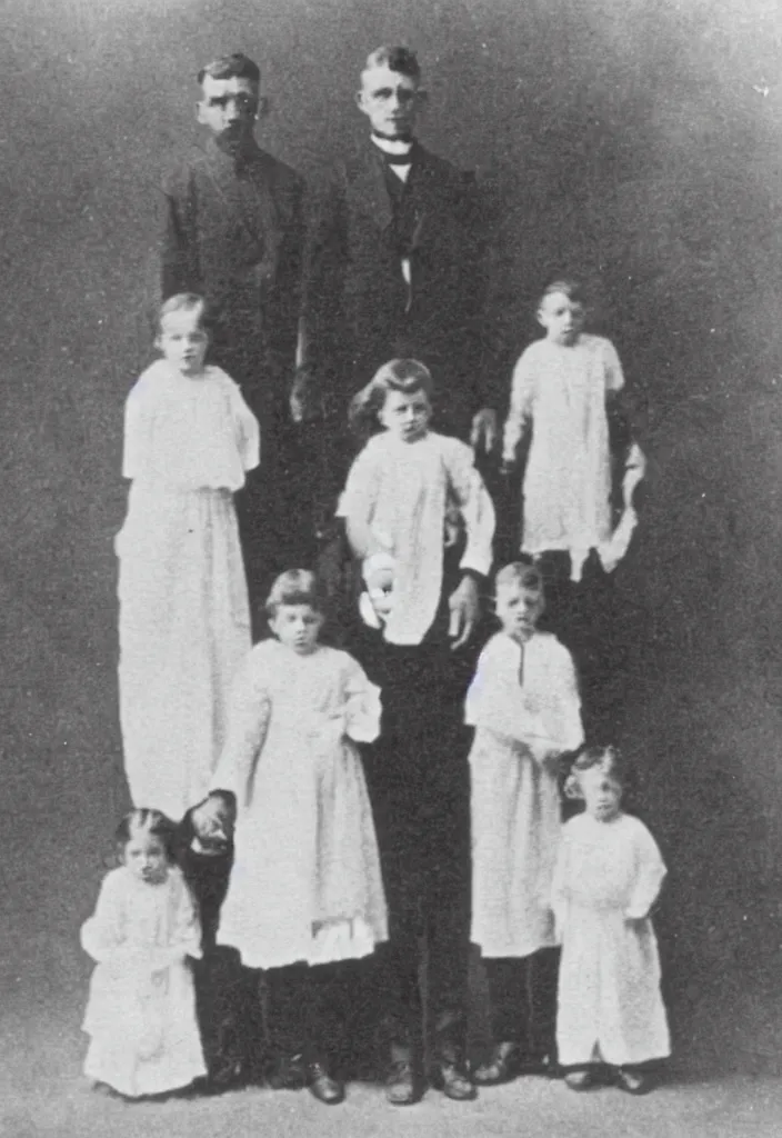 Prompt: photo taken in the 1 9 1 0's, full body view, family pictures with ghost children semi - visible